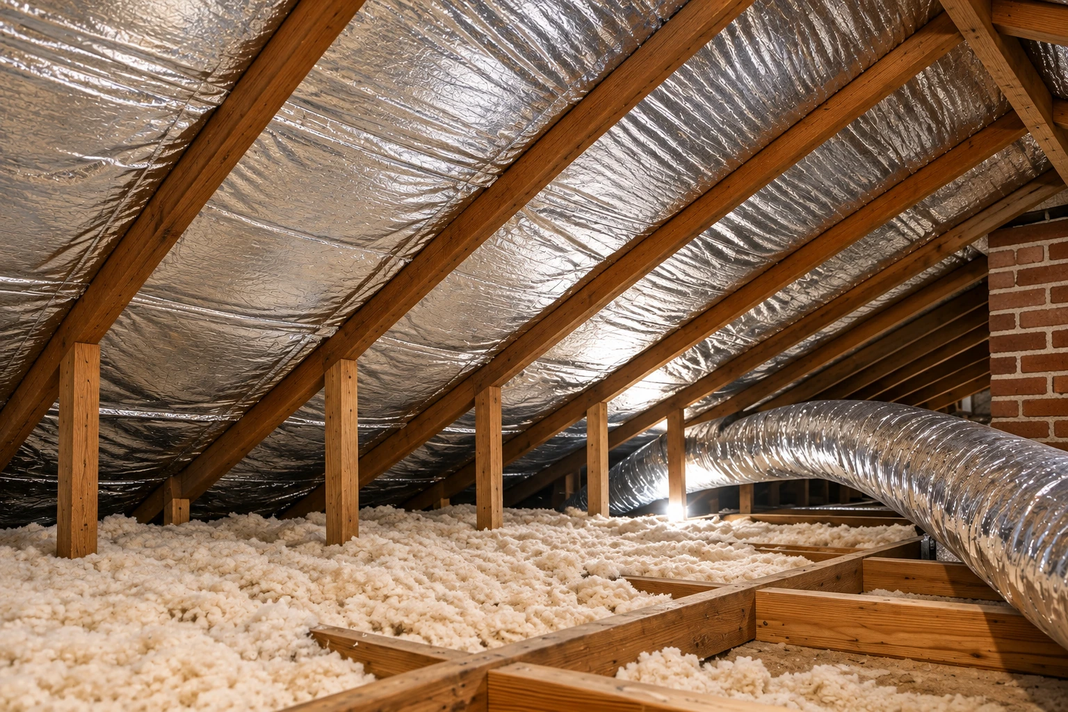 An attic has reflective foil lining the roof rafters above loose-fill insulation, with a large flexible duct running across the space.