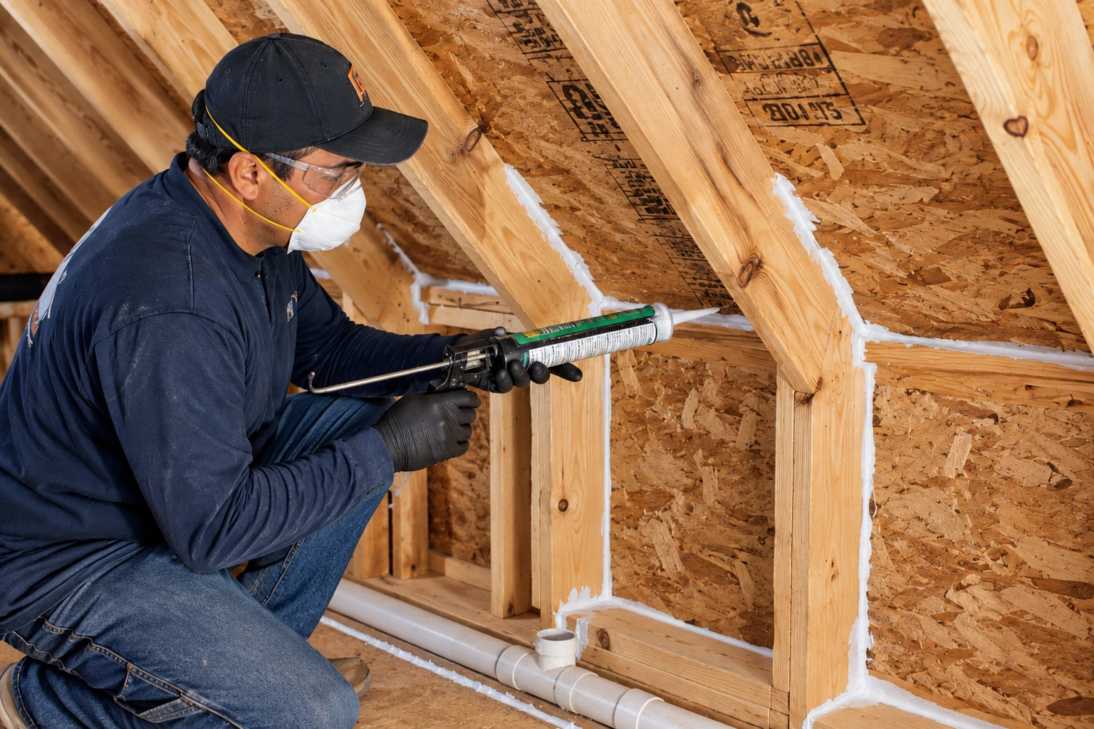 Worker applies white sealant with a caulking gun along joints in attic framing.
