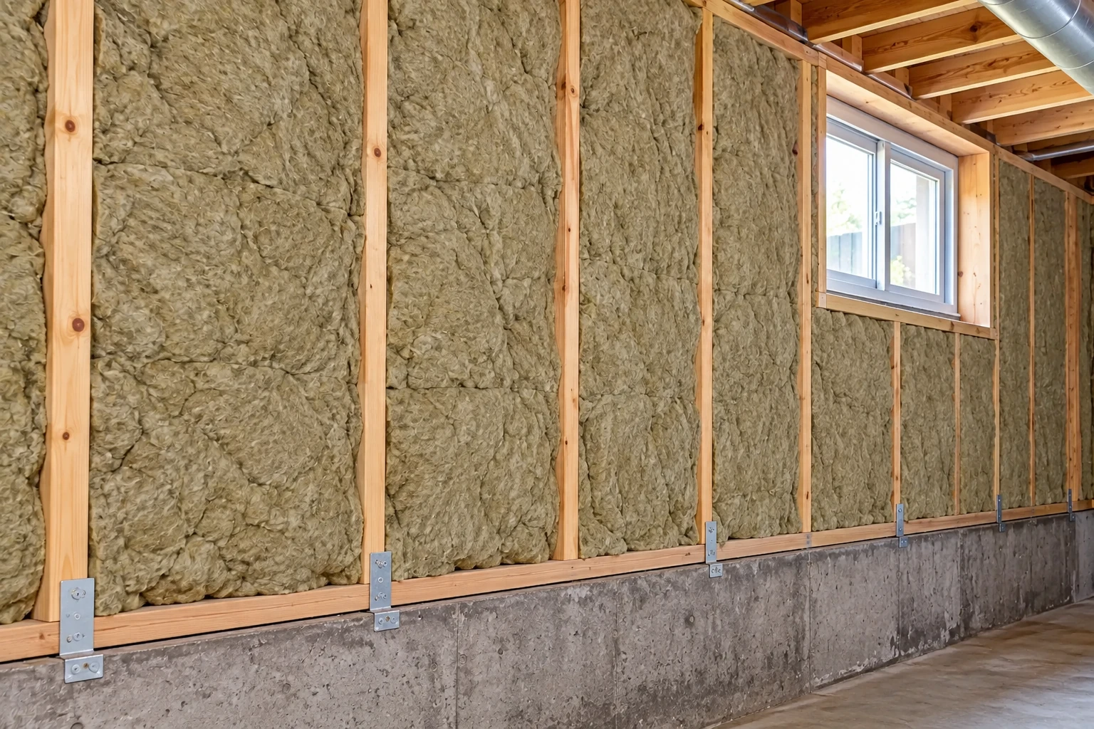 Basement wall framed with wood studs and filled with gray-green insulation batts beside a small window.
