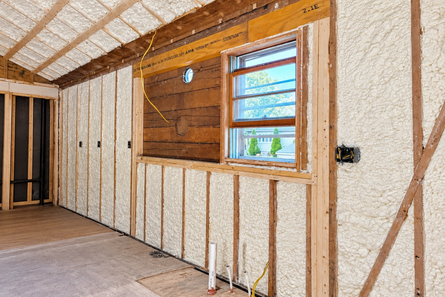 Unfinished room with white closed-cell spray foam covering the walls and rafters around a window.