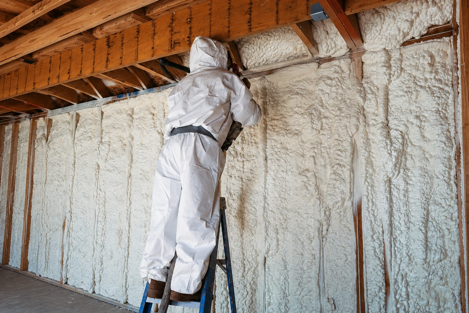 A worker in a white protective suit applies spray foam insulation to the wooden walls of an unfinished attic.