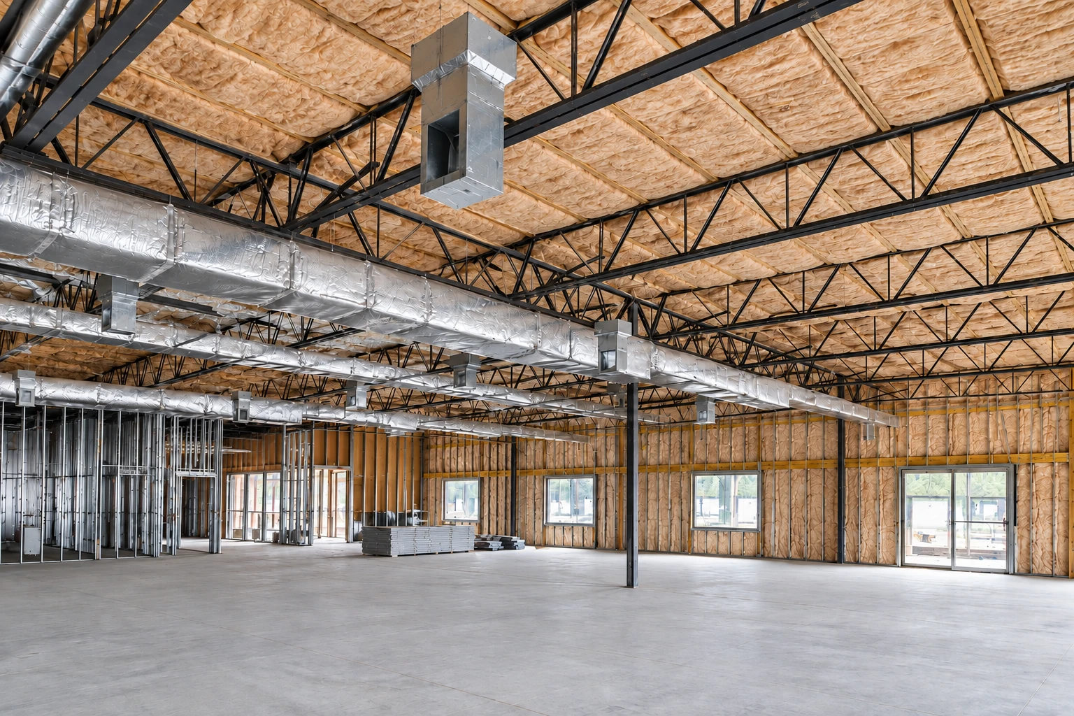 An unfinished commercial building has tan insulation between ceiling joists and wall studs, with exposed steel trusses and ductwork.