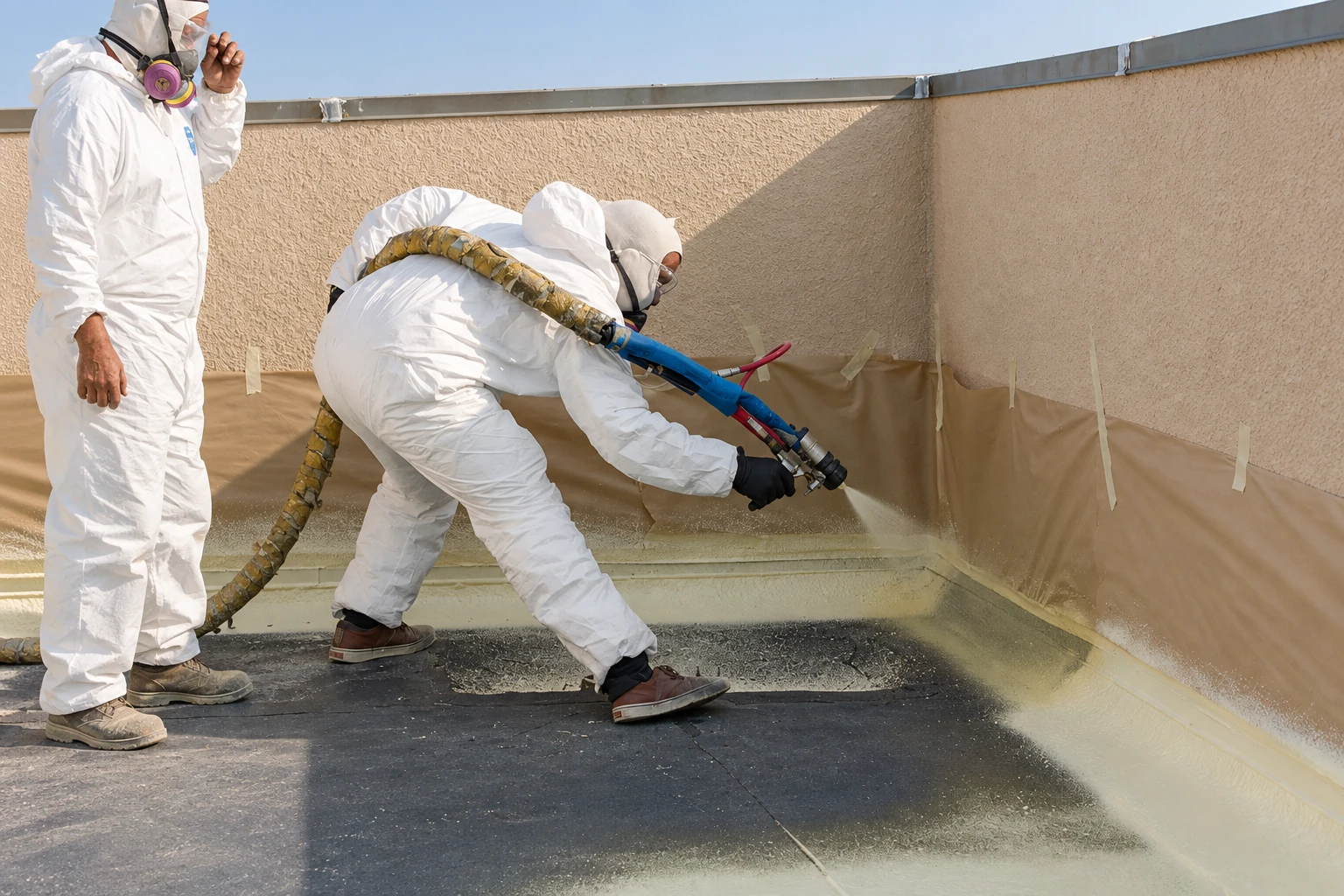 Two workers in protective suits spray foam along the walls and floor of a flat commercial roof.