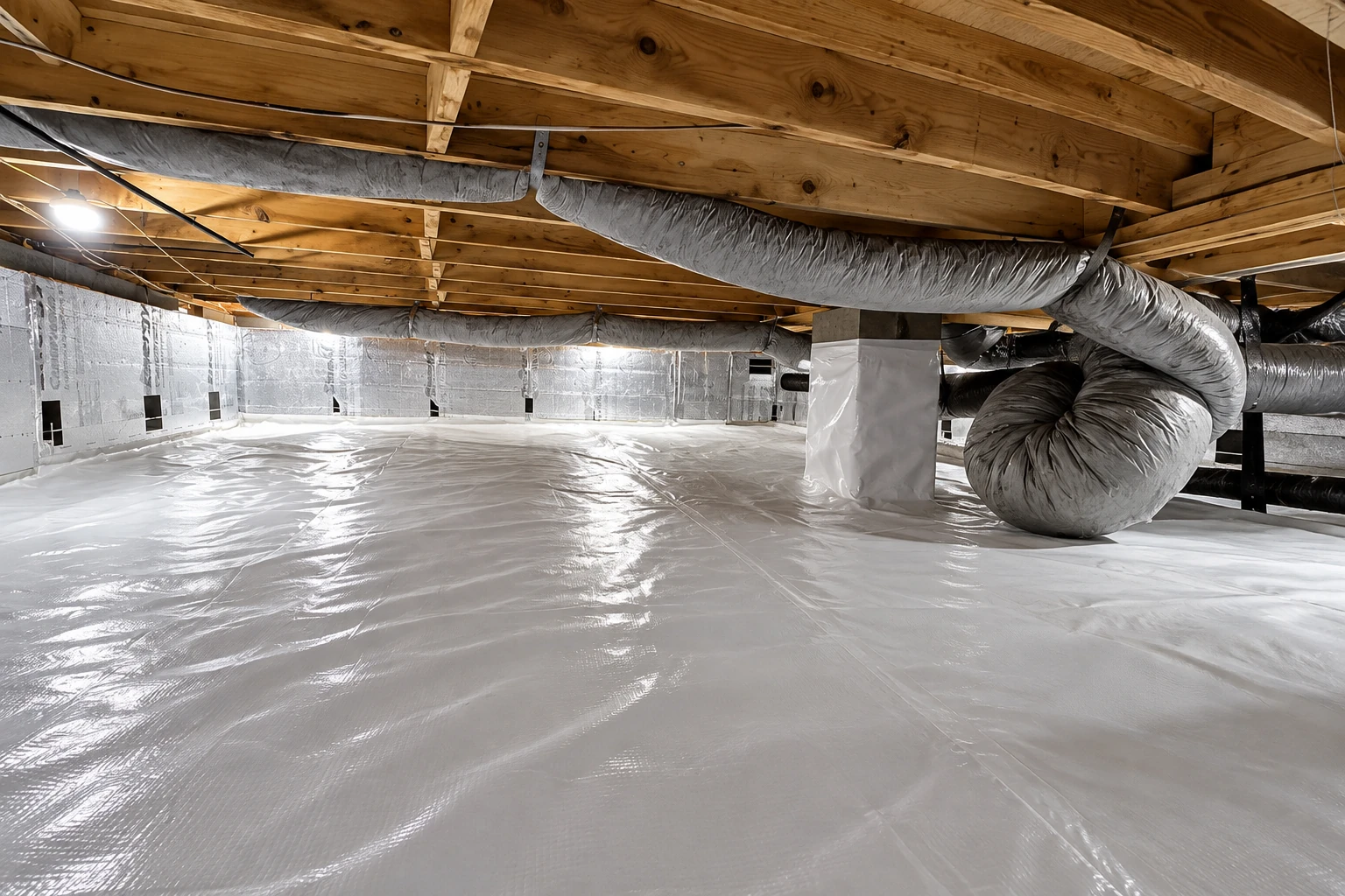 Crawl space with a white vapor barrier covering the floor, insulated walls, exposed joists, and large silver HVAC ducts.