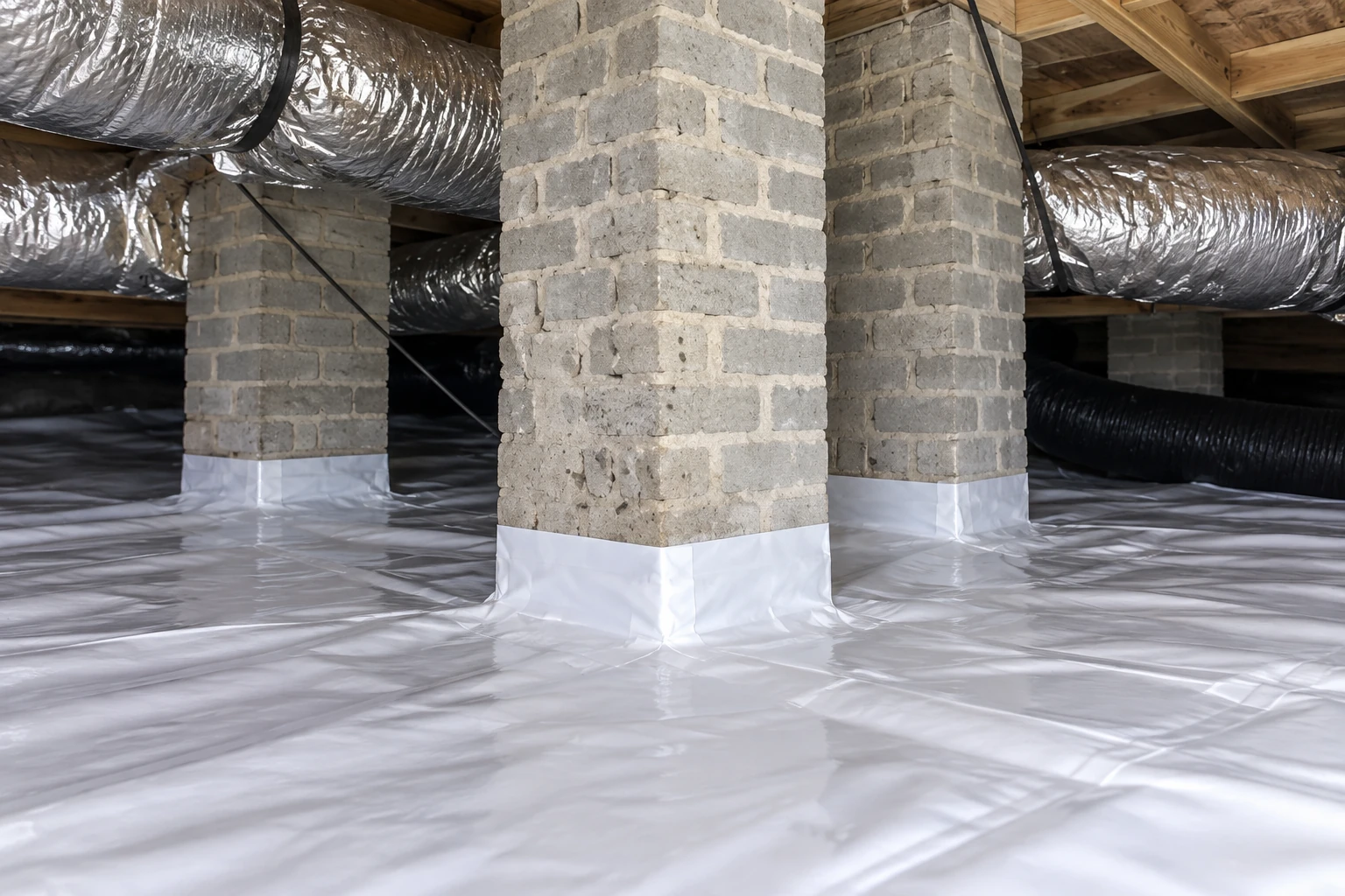 Crawl space with a white vapor barrier covering the ground around masonry piers and beneath insulated ducts.