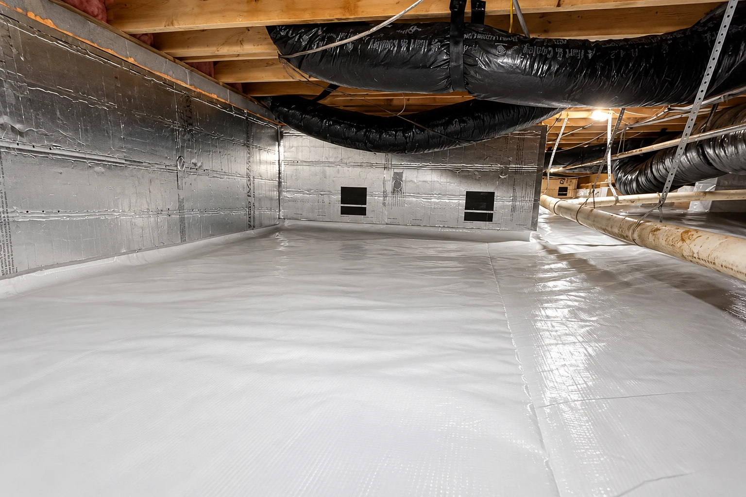 A crawl space has a white vapor barrier covering the floor and reflective insulation panels lining the low walls.