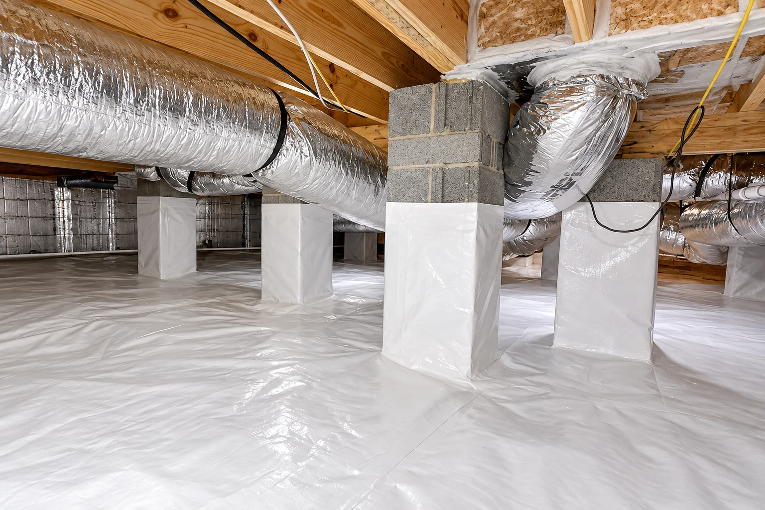 A crawl space is lined with white vapor barrier over the floor and around support columns beneath silver ductwork.
