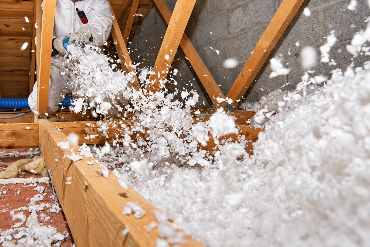 A worker in protective coveralls spreads loose white insulation across an attic floor.