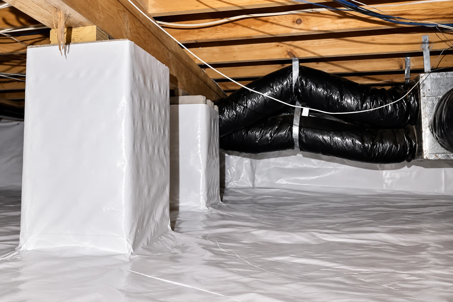 A crawl space has white plastic ground covering and wrapped support columns beneath black flexible ductwork.