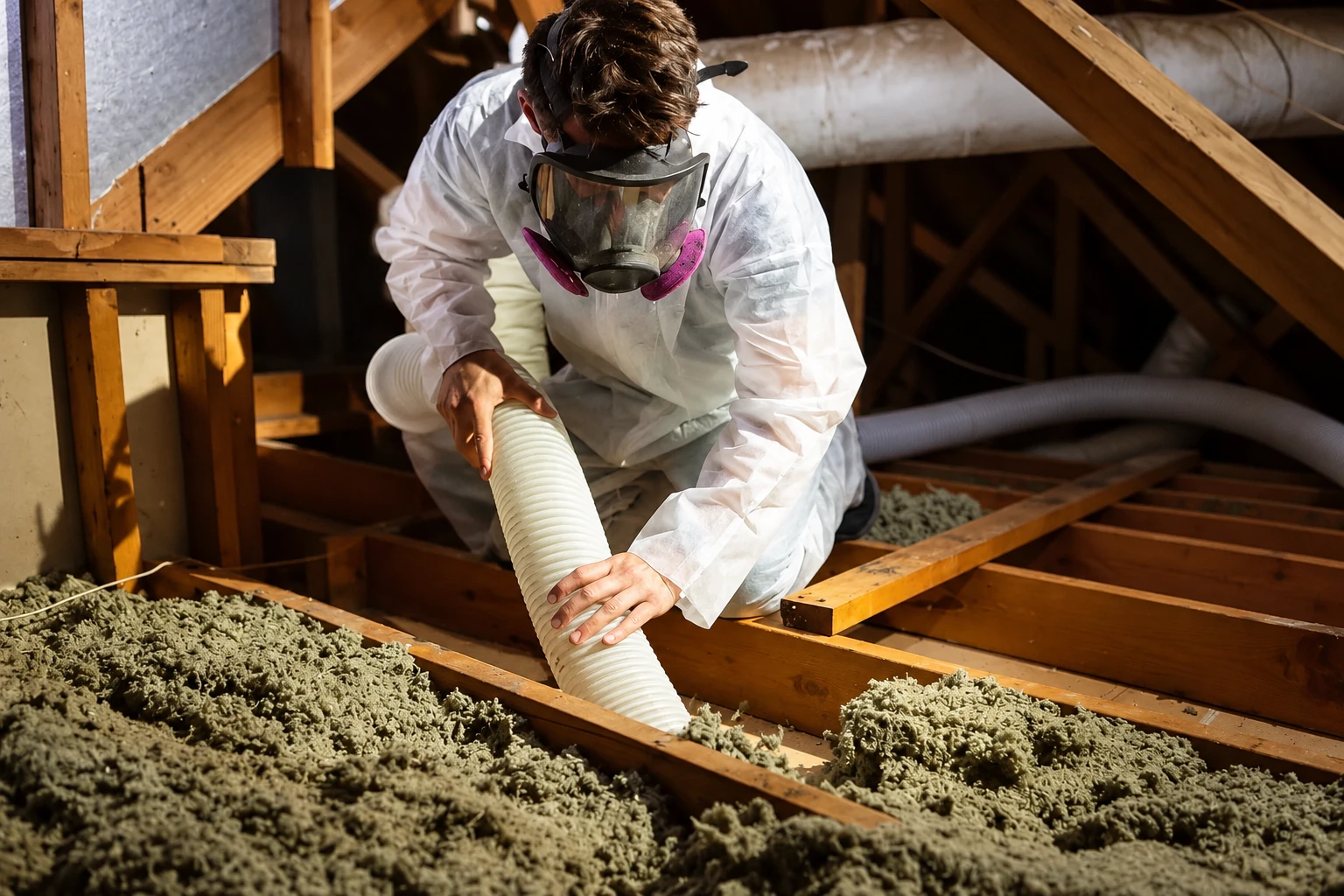 A worker wearing a respirator removes gray loose-fill insulation from attic joists with a vacuum hose.