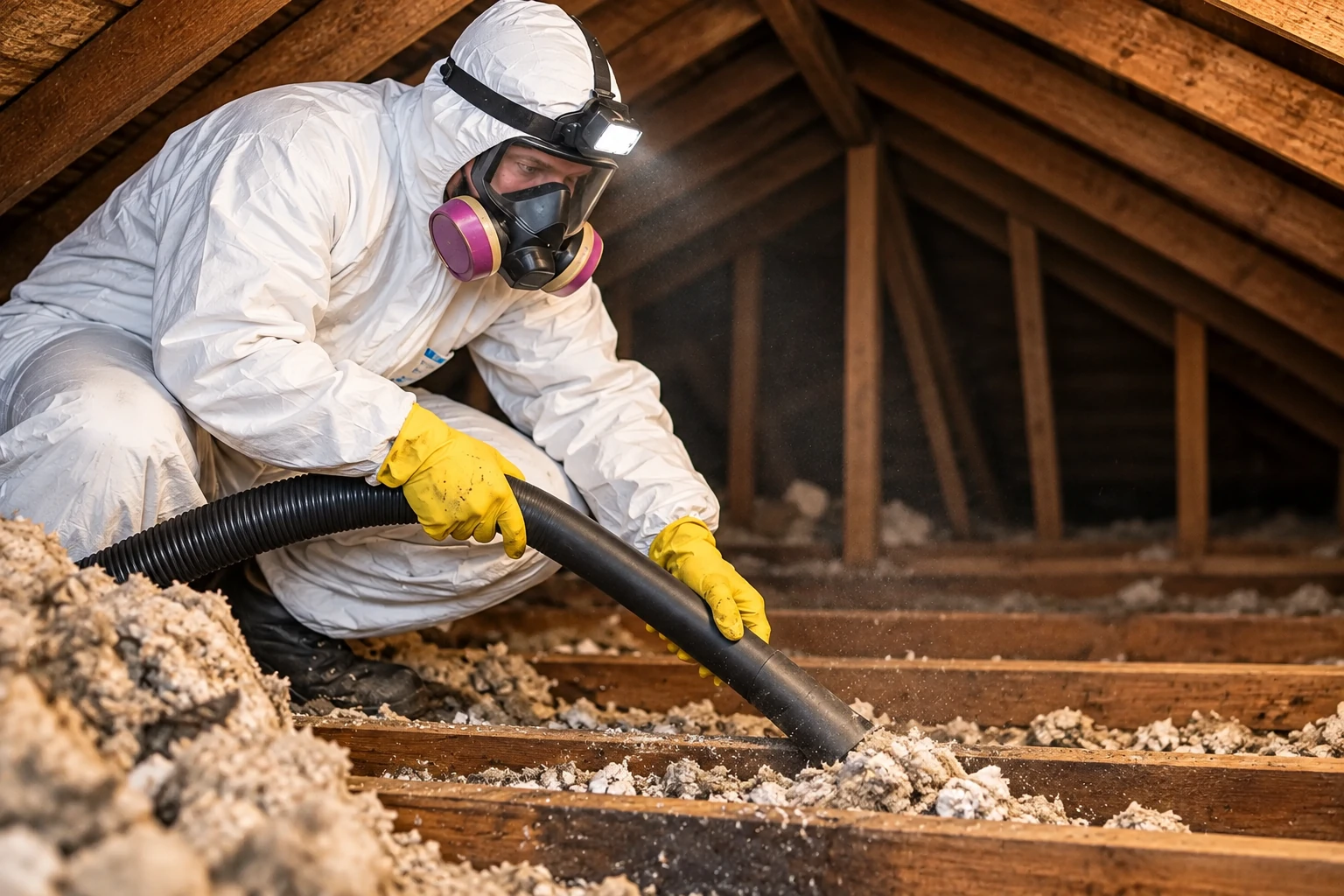 A worker in protective coveralls and a respirator vacuums loose attic insulation through a black hose.