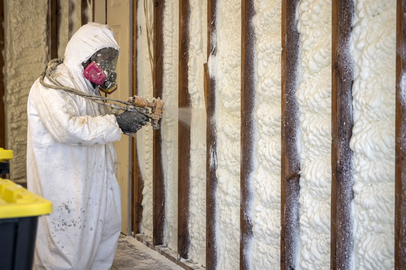 A worker in protective coveralls and a respirator sprays foam insulation into the open wall cavities between wooden studs.