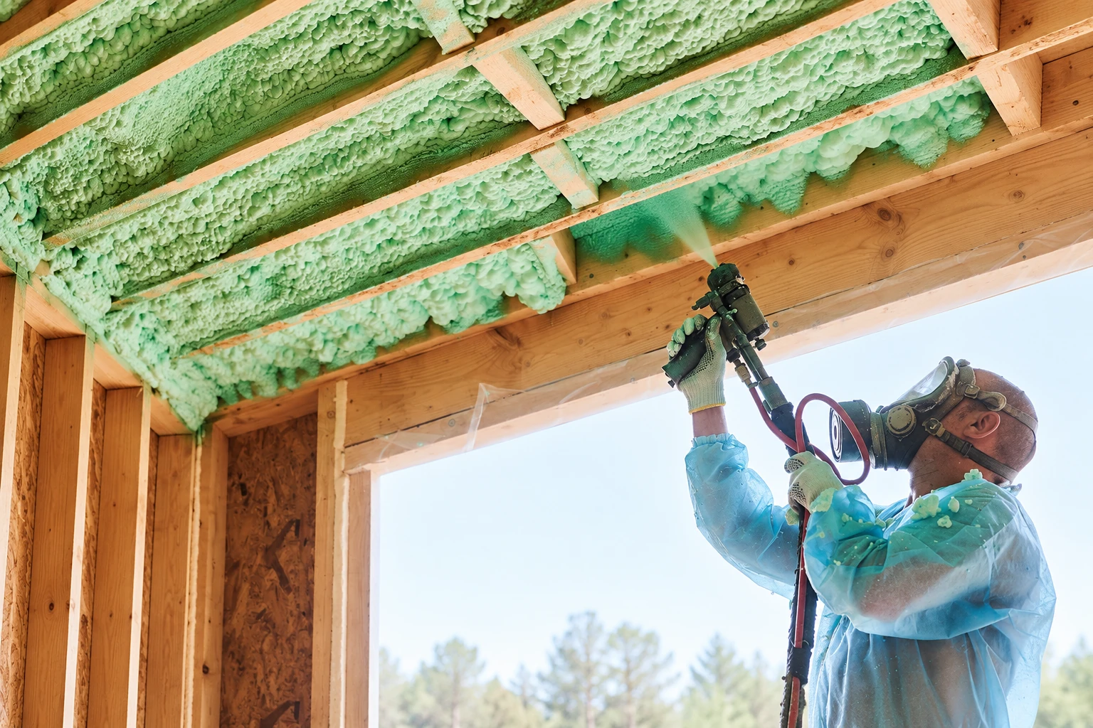 Installer sprays green open-cell foam into the roof framing of a wooden structure.