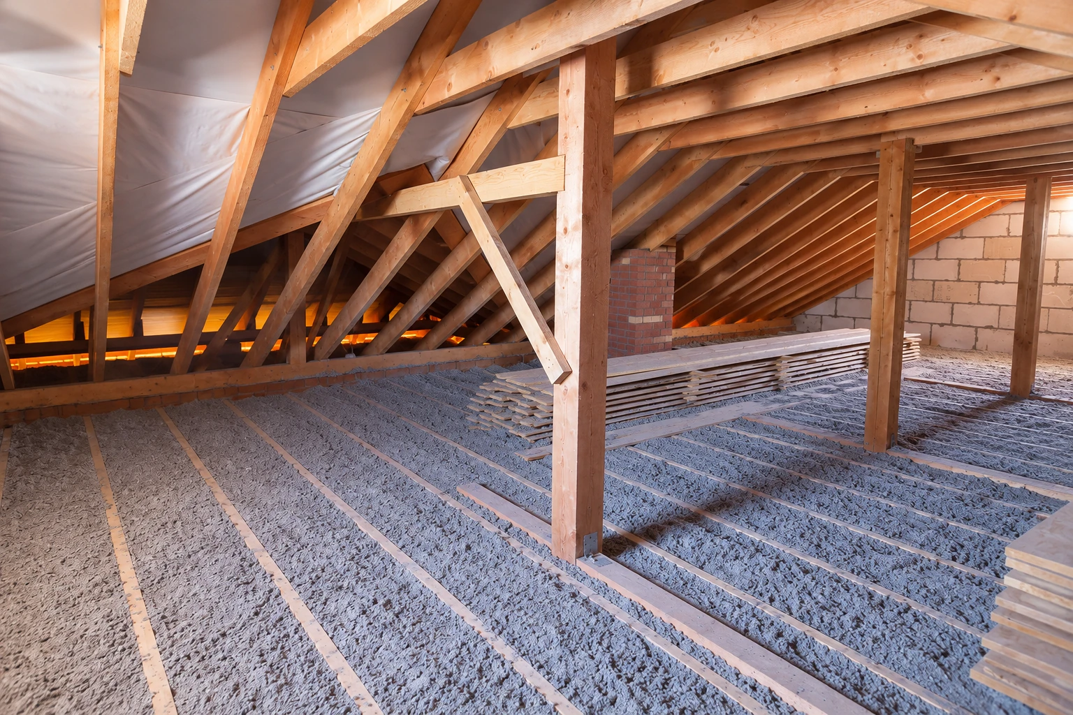 Attic with blown-in insulation covering the floor between joists beneath exposed wooden rafters.