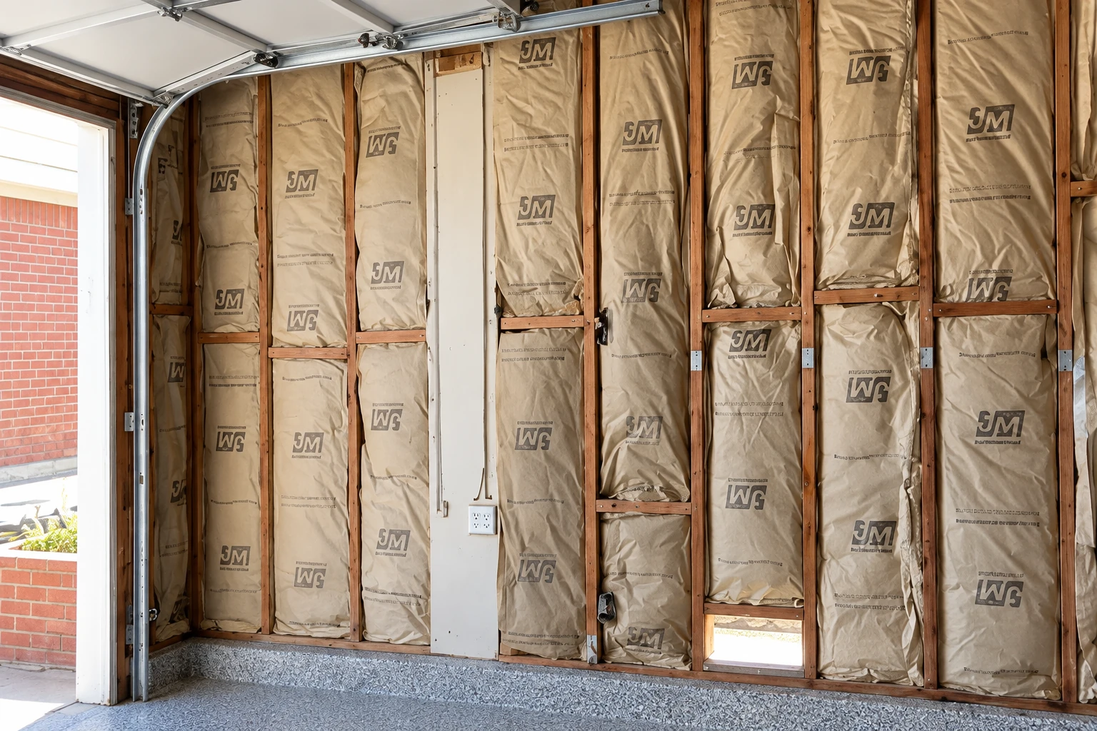 Paper-faced insulation fills the exposed wooden wall studs of a garage beside the overhead door.