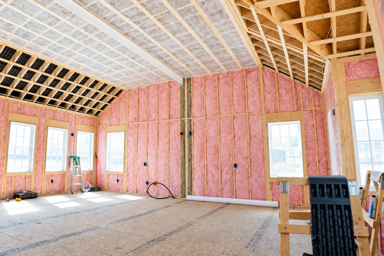 Pink insulation fills the wall studs in an unfinished room, with translucent vapor barrier covering part of the sloped ceiling.