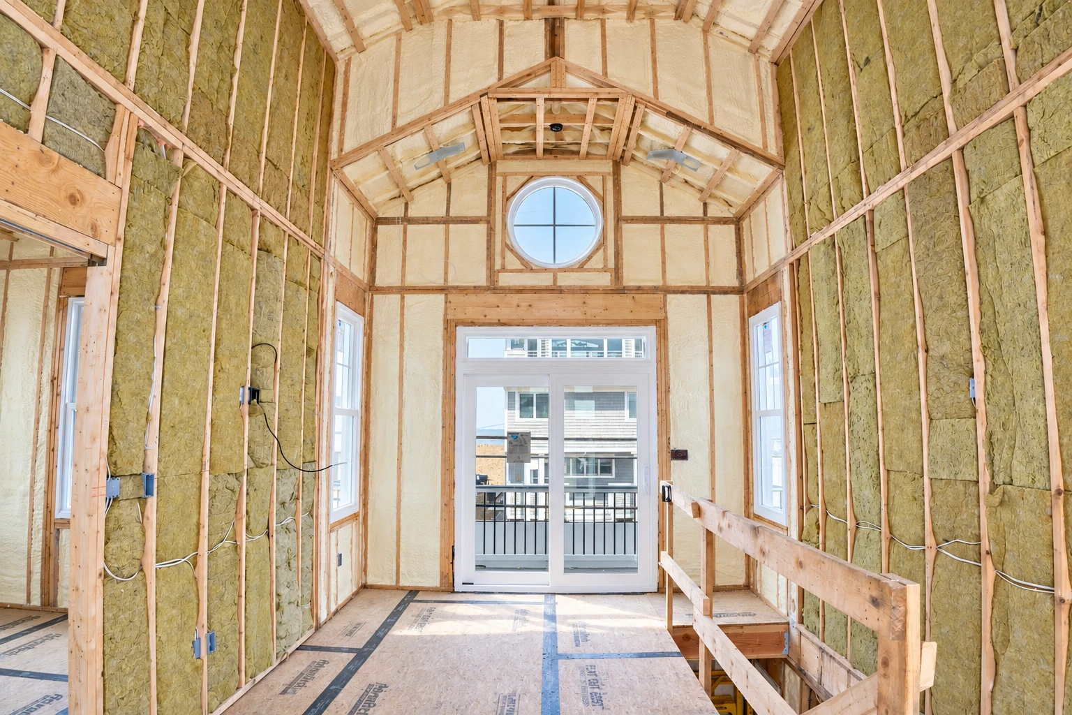 Unfinished room with fiberglass batts between wall studs and pale spray foam across the upper walls around a round window.